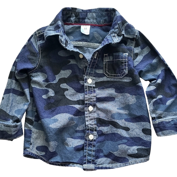Carters Kids Camouflage Button-Up Shirt Boys 18 Month Navy Blue Button Down Camo - Picture 1 of 6